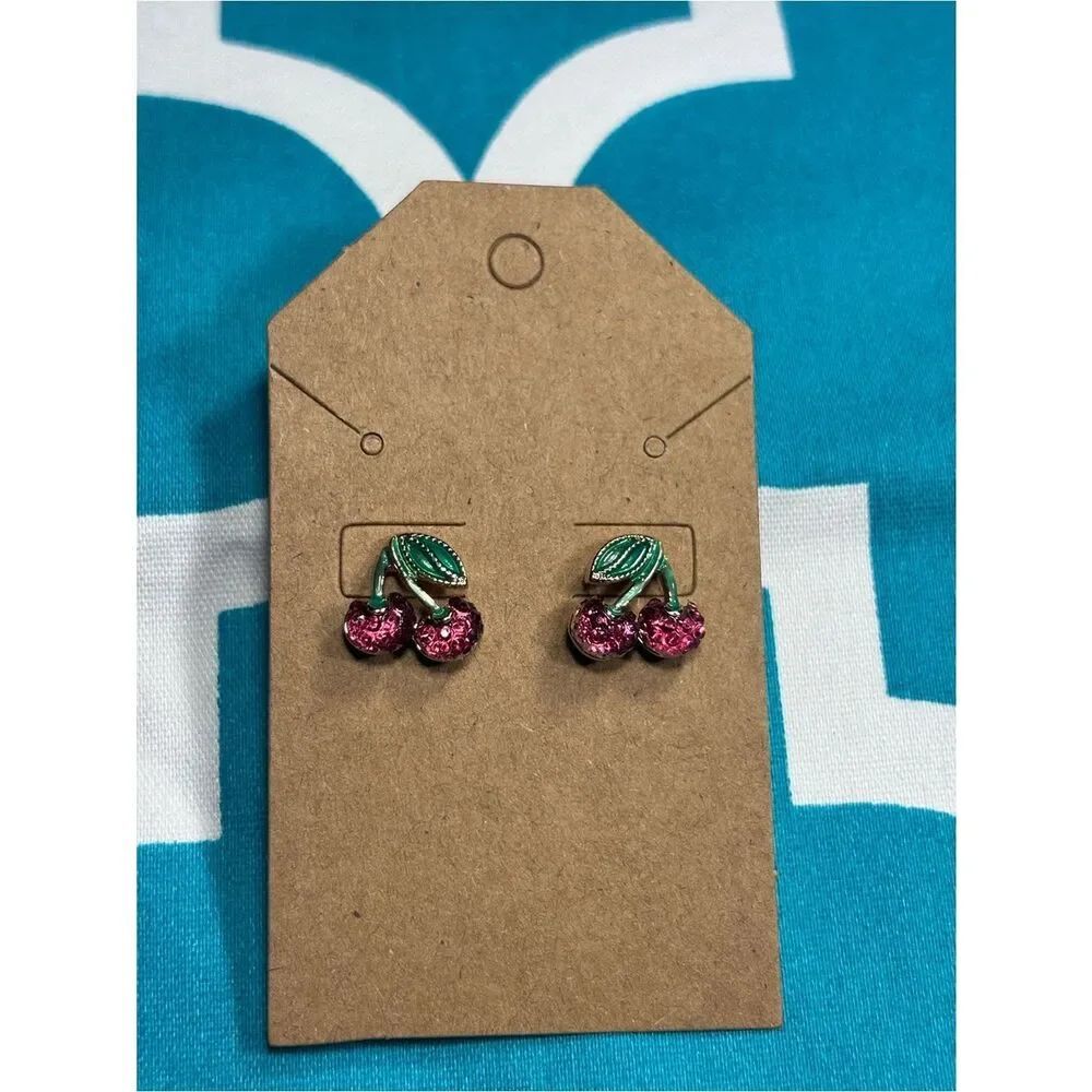New Cherry Stud Earrings with Pink Rhinestones and Green Enamel Leaves